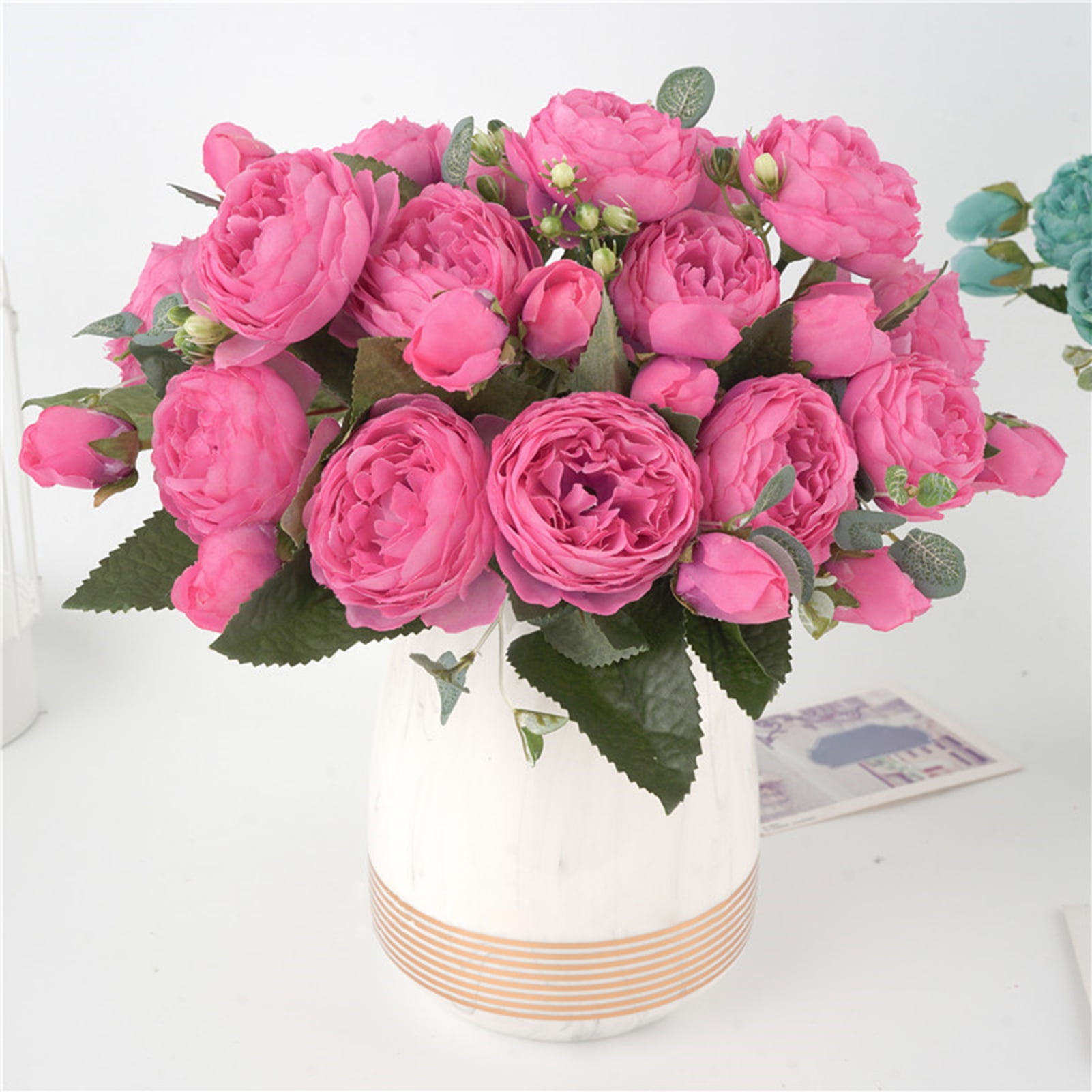 5 Heads Rose Peony Artificial Flowers Silk Pink Bouquet Wedding Home Party Decor