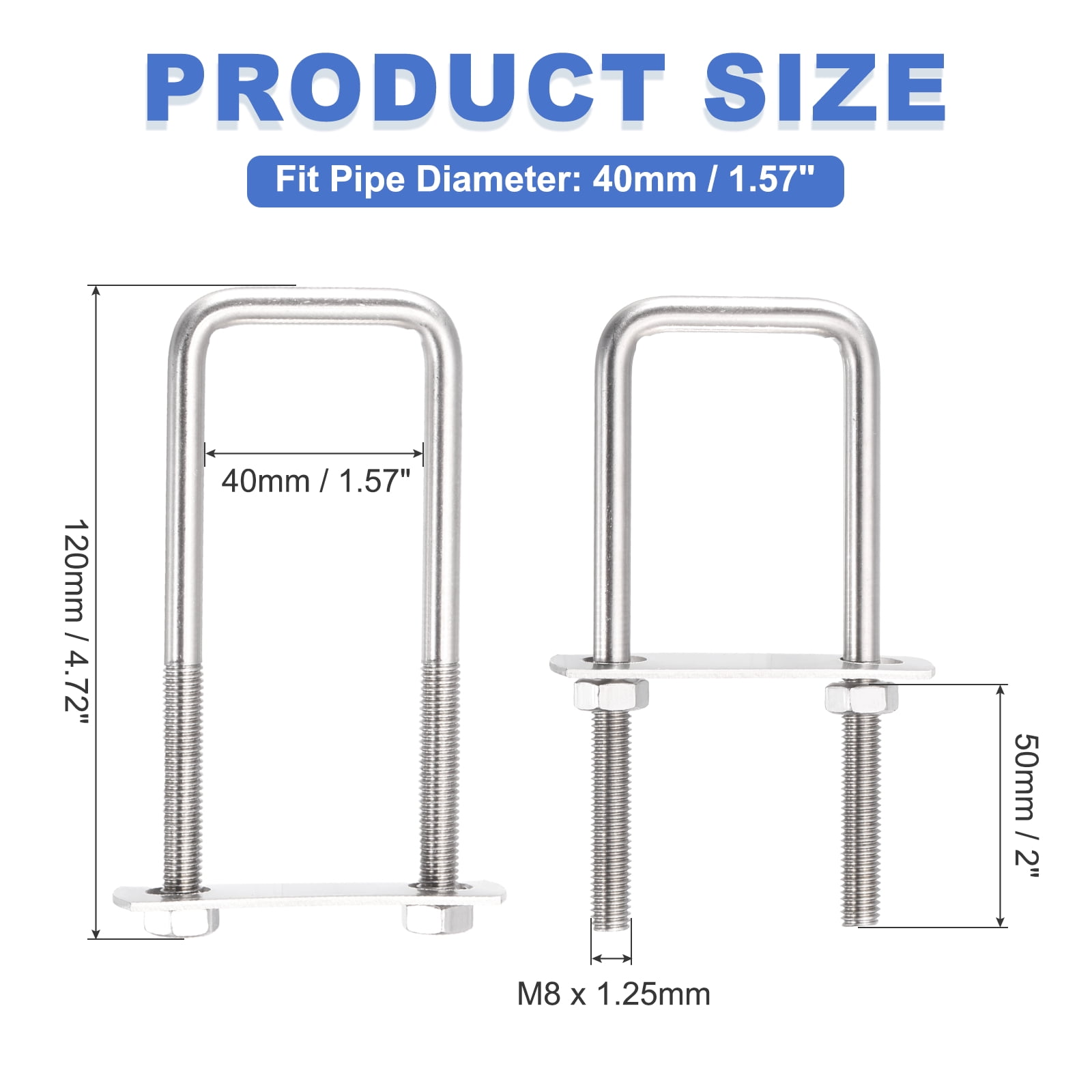 Uxcell 4 Sets M8 Square U-Bolts, 1.65" Inner Width 4.72" Length 304 Stainless Steel U Clamp Bolts with Nuts, Plates and Wrench