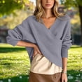 thumbnail image 6 of SHENGXINY Women Cross V Neck Off Shoulder Knitted Sweaters Long Sleeve Oversized Jumper Casual Fashion Top for Fall Winter Gray M, 6 of 6