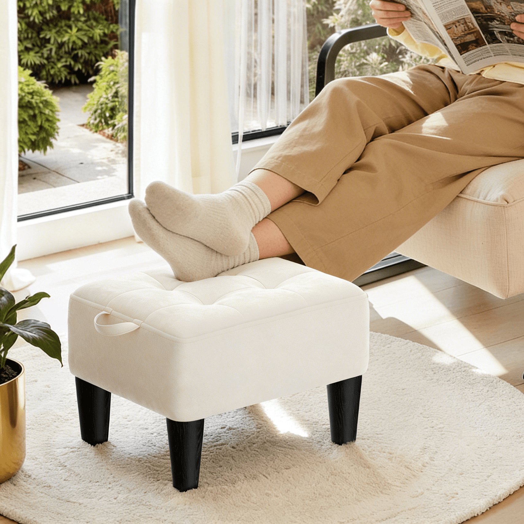 LEDREM Small Ottoman Foot Stool with Thick Cushion, Footrest with Sturdy Angled Legs for Living Room, Bedroom, Entryway, Cream White