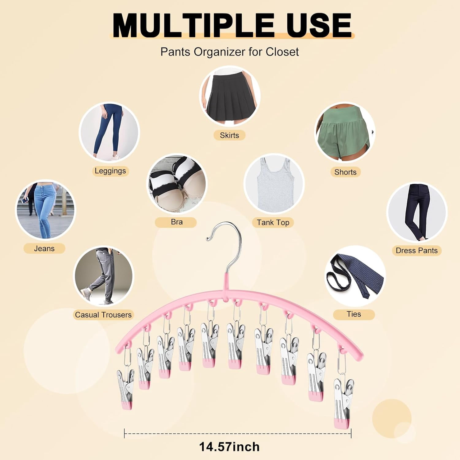 Legging Organizer for Closet, Metal Yoga Pants Hangers 4 Pack w/10 Clips Holds 40 Leggings, Space Saving Hanging Closet Organizer w/Rubber Coated Closet Organizers and Storage, Pink