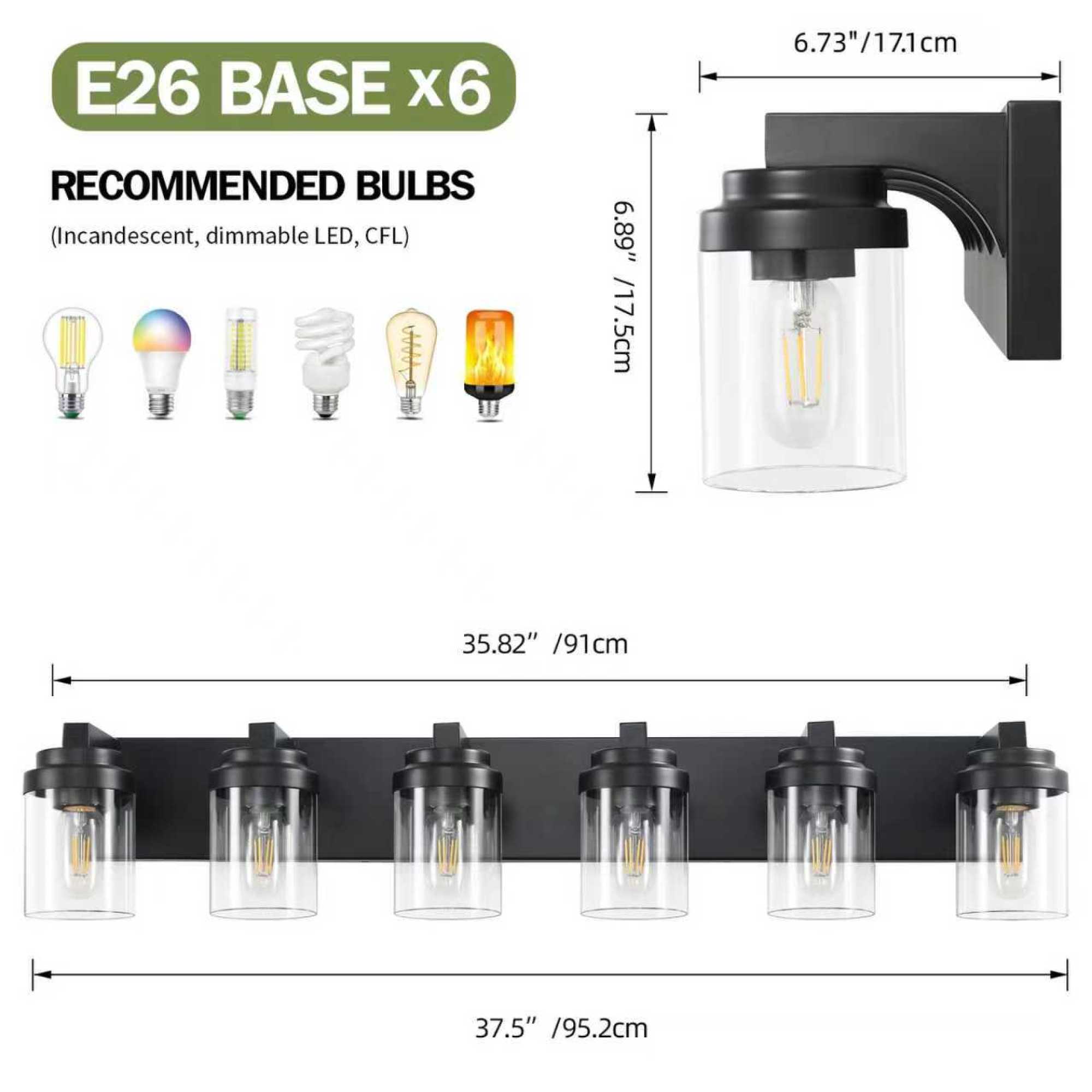 Leumius 6-Light Bathroom Light Fixtures Over Mirror Bathroom Vanity Light, Black Vanity Lights with Clear Glass Shade, Modern Bathroom Light Fixtures for Bedroom, Hallway(No Bulbs)