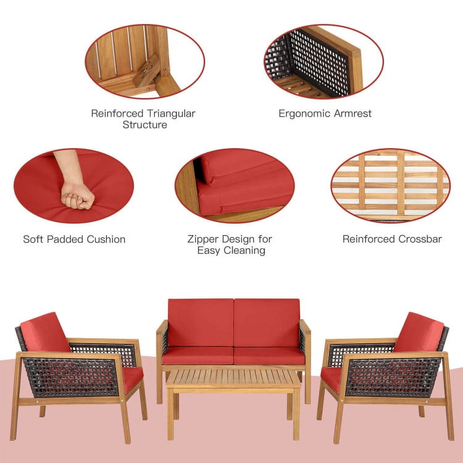 Aimee Lii 4 Pieces Wicker Furniture Set with Removable Cushions, Outdoor Patio Furniture, Red