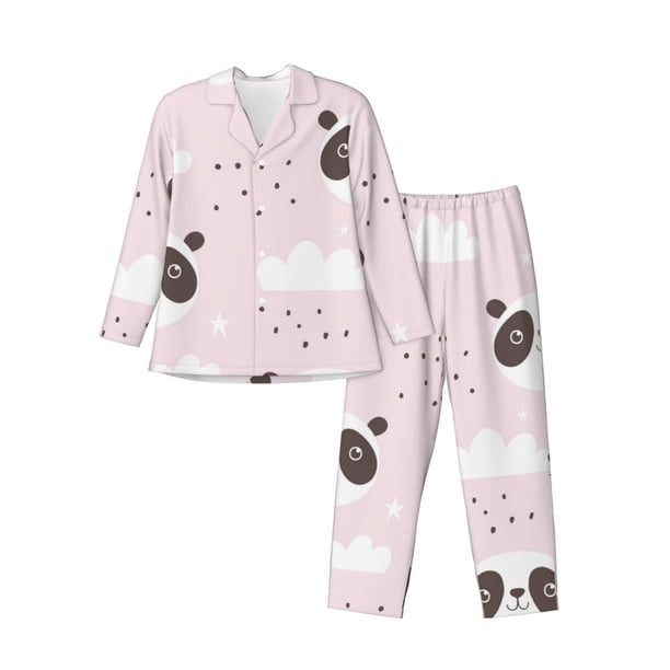 Fotbe Cute Panda Pijama de Hombre con Estampado de Manga Larga, Conjunto de 2 Piezas, Ropa de Dormir Suave y Cómoda con Bolsillos-X-Large