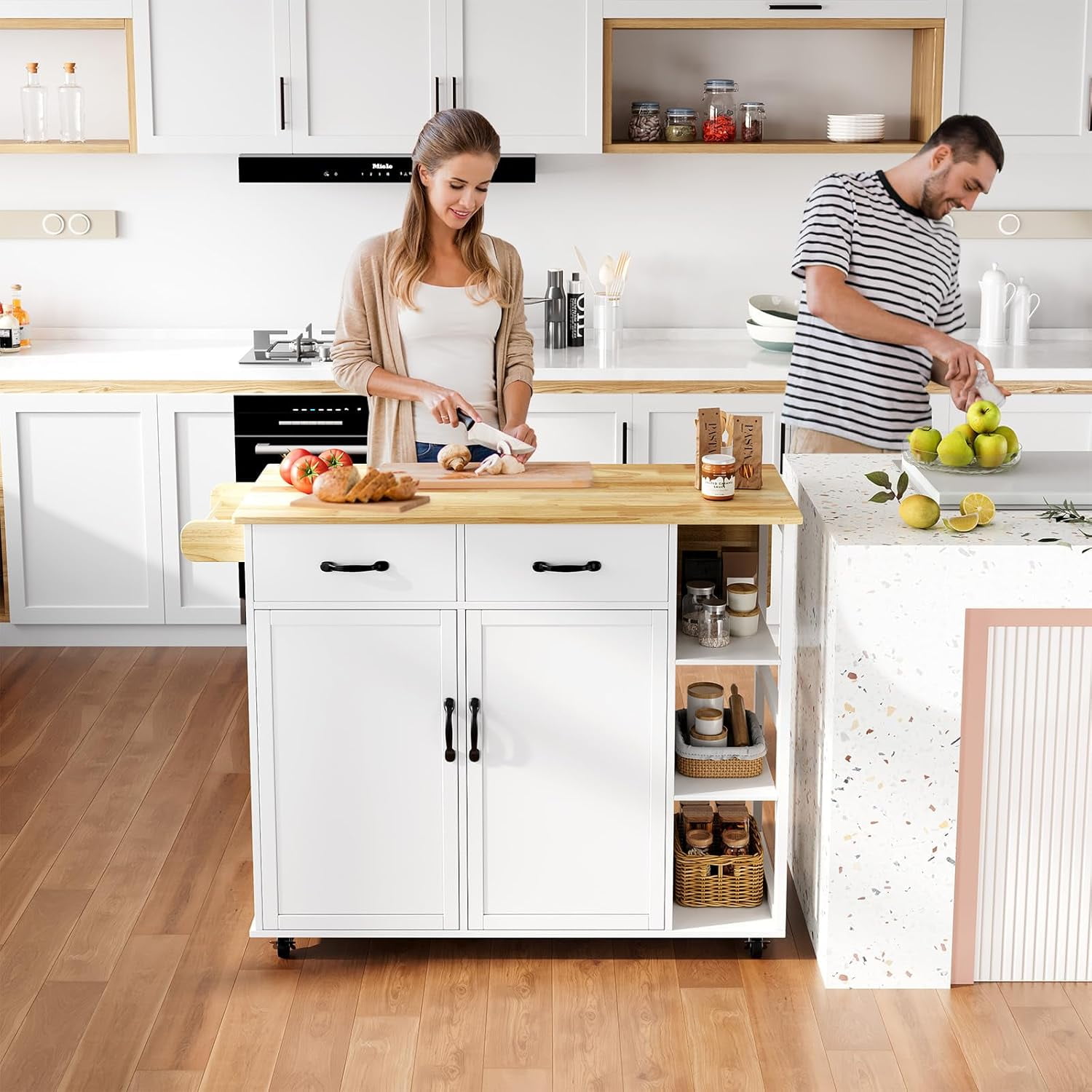 Garvee Rolling Kitchen Island Cart 43.12 x 24 x 36", with Drop Leaf, 4 Wheels with Storage, White