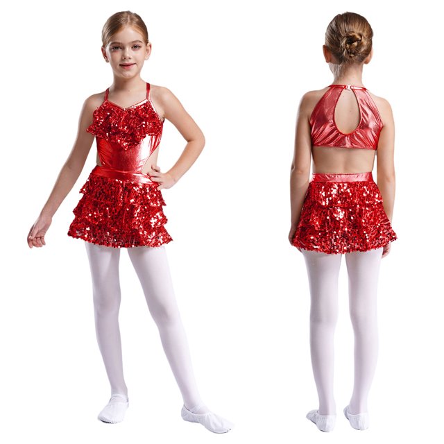 Moggemol Justaucorps Robe Tutu de Danse Latine Jazz pour Adolescentes, Paillettes, Combinaison Courte, Justaucorps de Gymnastique de Performance, Rouge 16