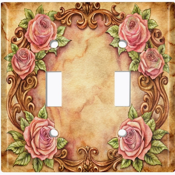 Metal Light Switch Wall Plate Outlet Cover (Vintage Botanical Frame - Double Toggle)