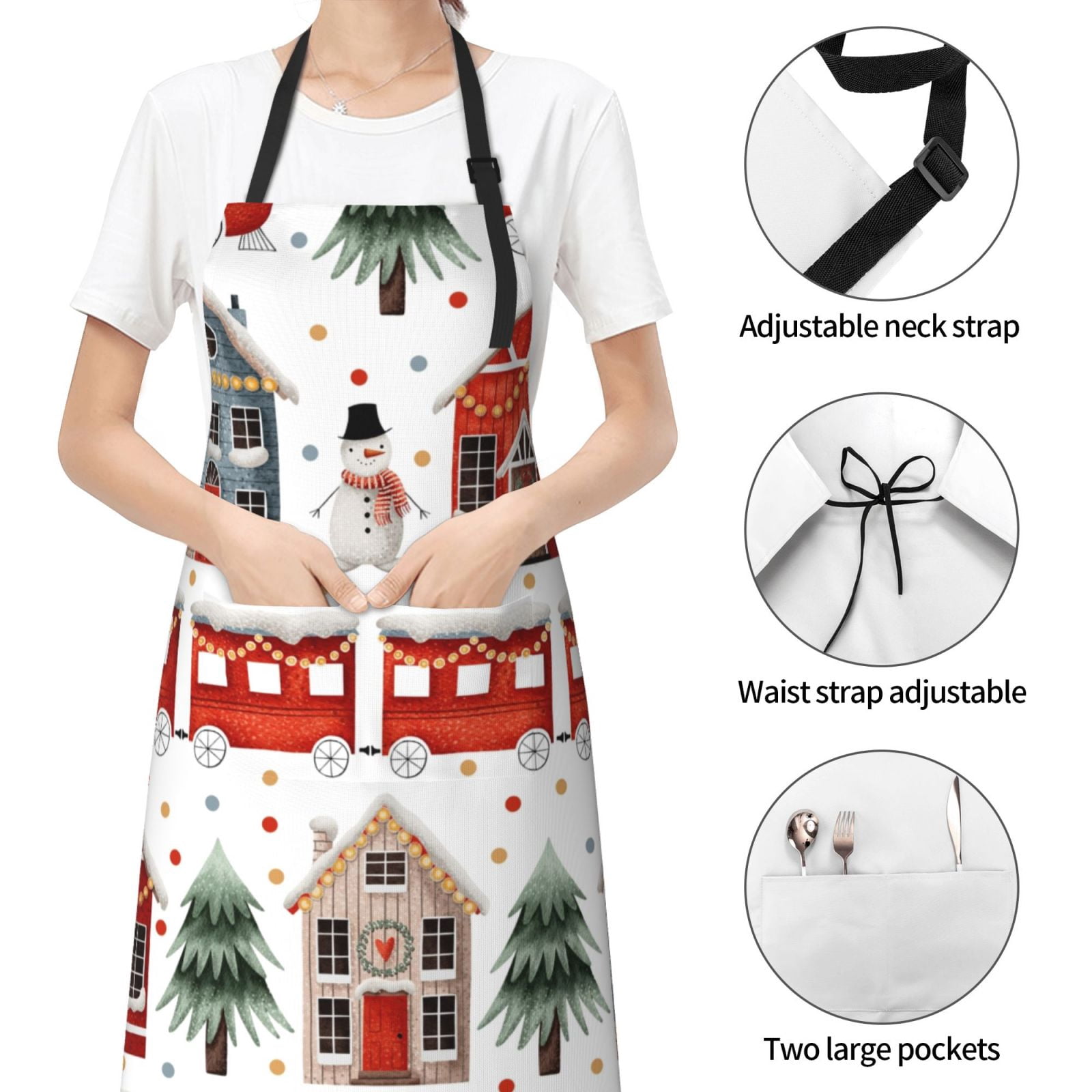Kdxio Christmas Houses Apron with Pockets Adjustable Kitchen Aprons for Men Women Waterproof Aprons for Cooking,Drawing,Crafting, Baking Household Cleaning