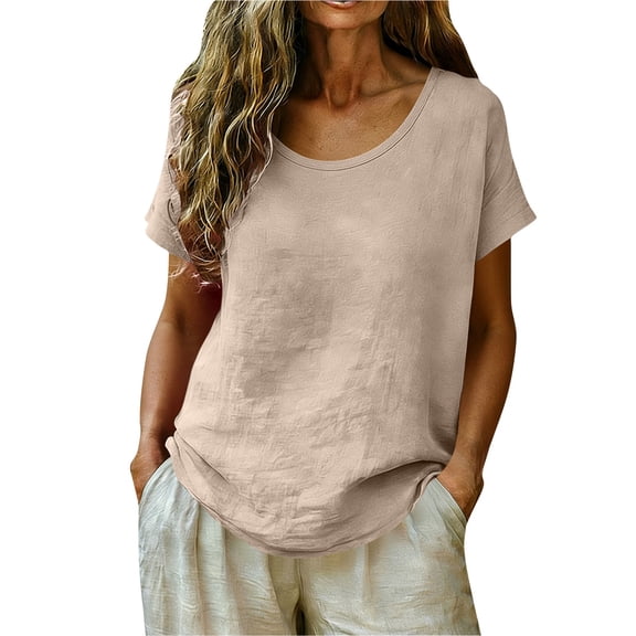 CONZONE Women's Cotton Linen Tshirts Short Sleeve T Shirts for Women Casual Crew Neck Solid Color Lightweight Tees Soft Cozy Tops