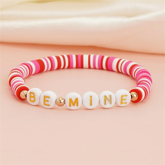 Censtreet Hot Pink Bracelet Stackable Valentine's Day Beaded Love Heart Charm Stretch Bracelet Holiday Letter Bracelets Festive Jewelry Gifts for Women