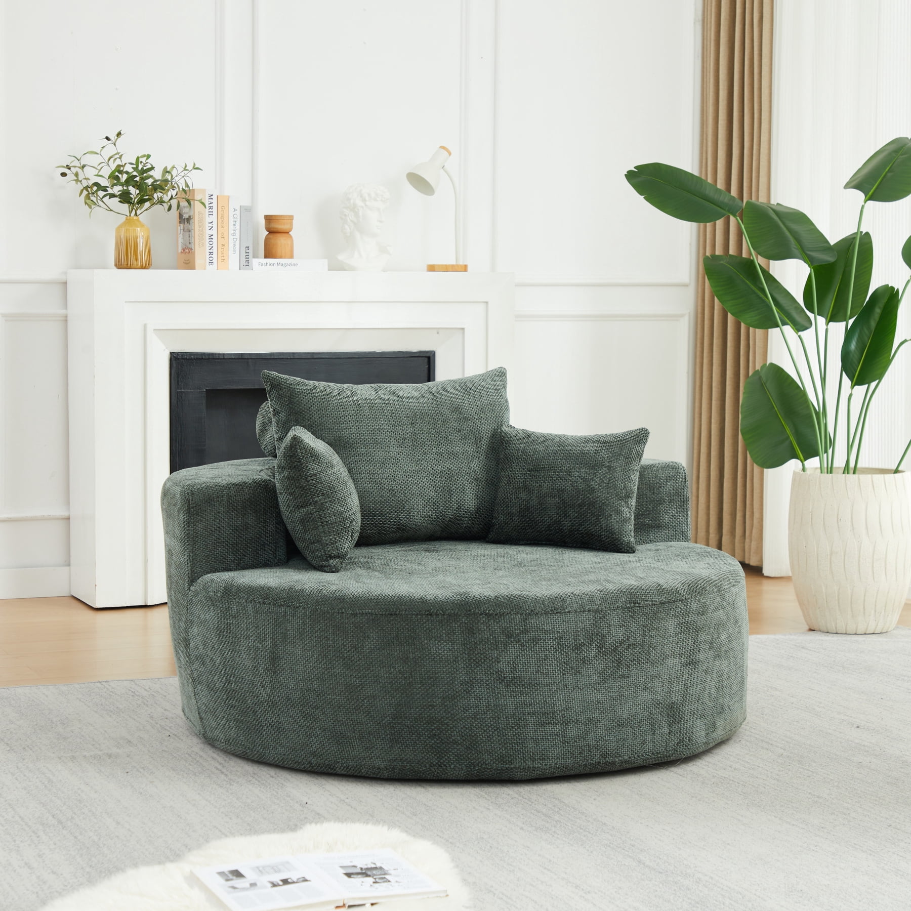 Leumius 55'' Oversized Round Chaise Longue Chair,Upholstered Chenille Single Cloud Circle Sofa Chair with Deep Seat,Fluffy Modern Sleeper Sofa Bed for Reading,Living Room,Bedroom,