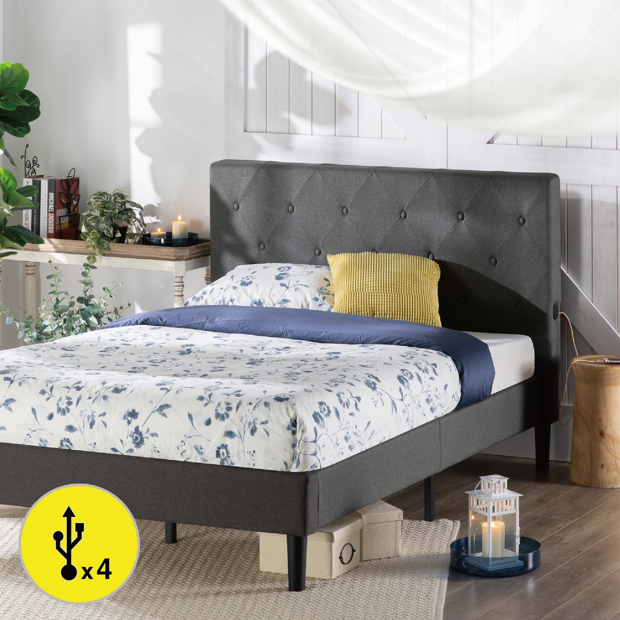 Zinus Shalini 40 Upholstered Platform, King Bed With Usb Ports