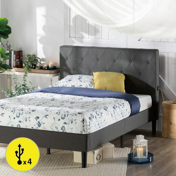Upholstered Platform Bed Frame With Usb, King Size Headboard With Storage And Usb Ports