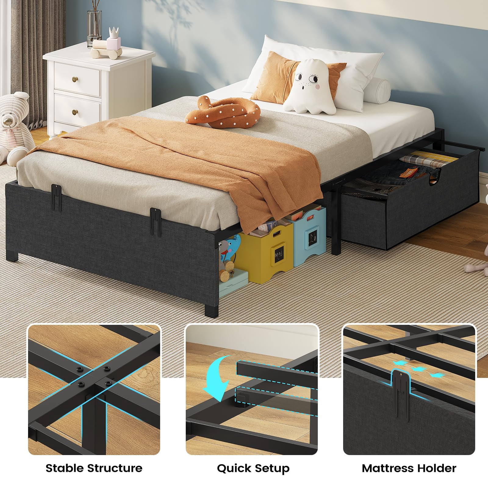 Afuhokles Twin Bed Frame with 2 Large Storage Drawers, Platform Metal Bed, Dark Grey