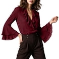 thumbnail image 2 of ClodeEU Women's V Neck Bell Long Sleeve Chiffon Top with Ruffle Hem,Casual Pullover Blouse ,Women's Plus L, 2 of 5