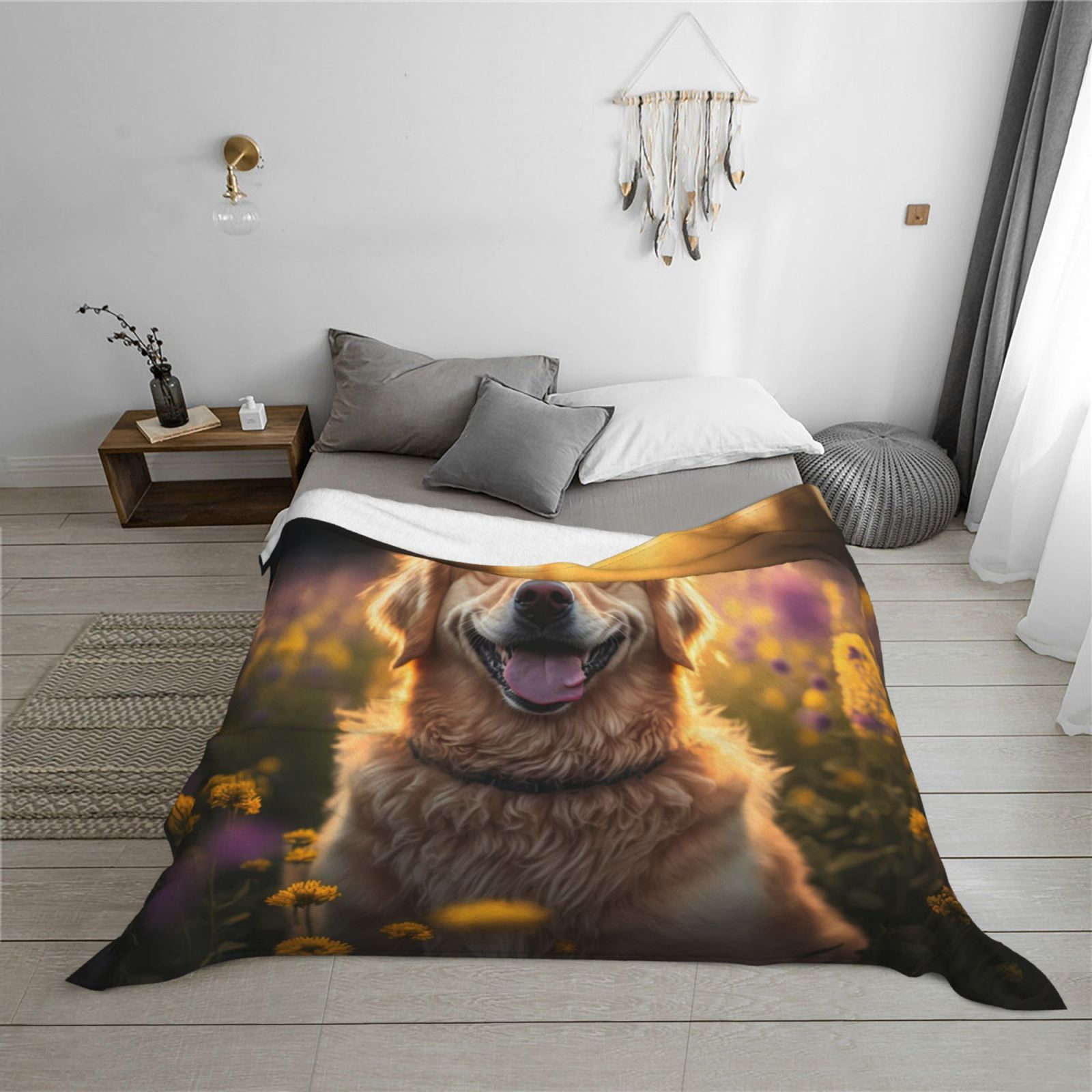 Throw Blanket for Couch - Sunset Daisy Dog Soft Comfy Lightweight Cozy Warm Throw Blanket, Fuzzy Plush Flannel Blanket & Throws for Sofa and Bed All Season