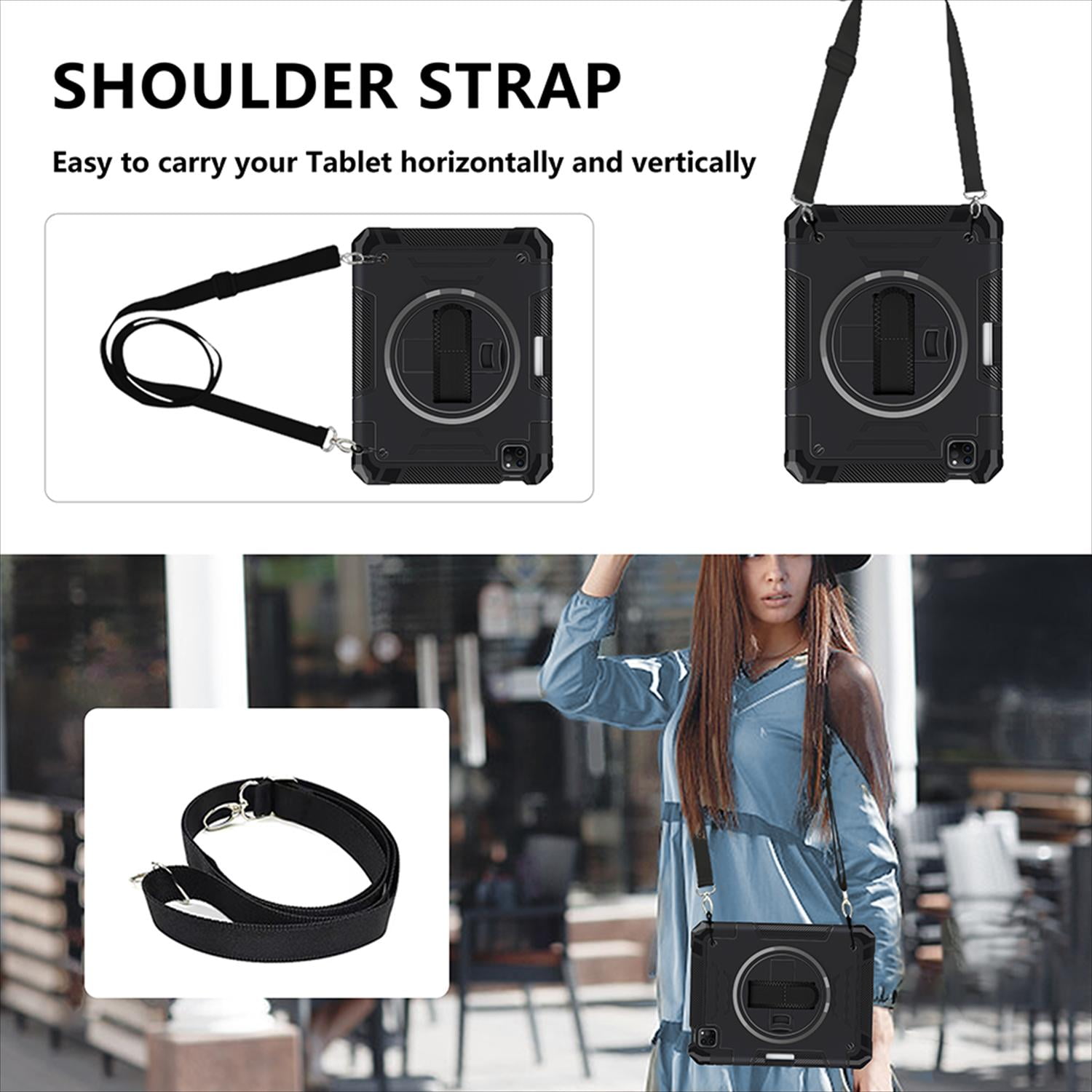 Shockproof Case for Apple iPad Pro 11 Inch 2024 M4, with Pencil Holder Military Grade Protection Rotating Stand Hand Strap Shoulder Strap Bumper Rugged Case for iPad Pro 11" 2024, Black