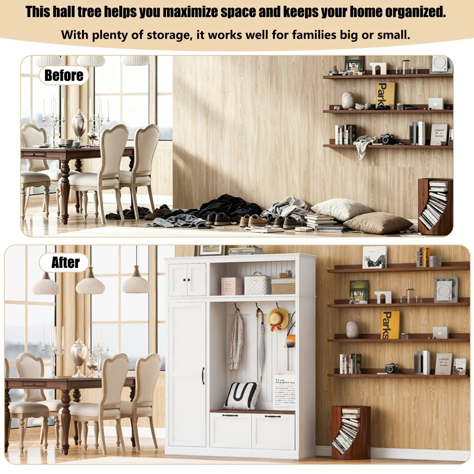 59"W 3-in-1 Farmhouse Entryway Hall Tree with Storage Cabinet, Adjustable Shelves, 4 Hooks & 2 Drawers, Mudroom Bench with Grooved Back Panel, Multifunctional Hallway Organizer, White