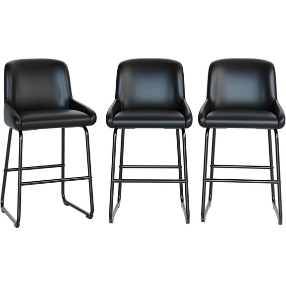 Bar Stools Set of 3, PU Leather Counter Height Barstools with Back and Footrest, Upholstered Bar Chairs for Dining Room Kitchen Island, Black