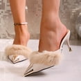 thumbnail image 2 of Womens Kitten Heels Trendy Splice Closed Pointed Toe Plush Stiletto Sandals Elegant Wedding Sexy Backless Pumps Shoes Slip on Slides Beige Size 8.5, 2 of 6