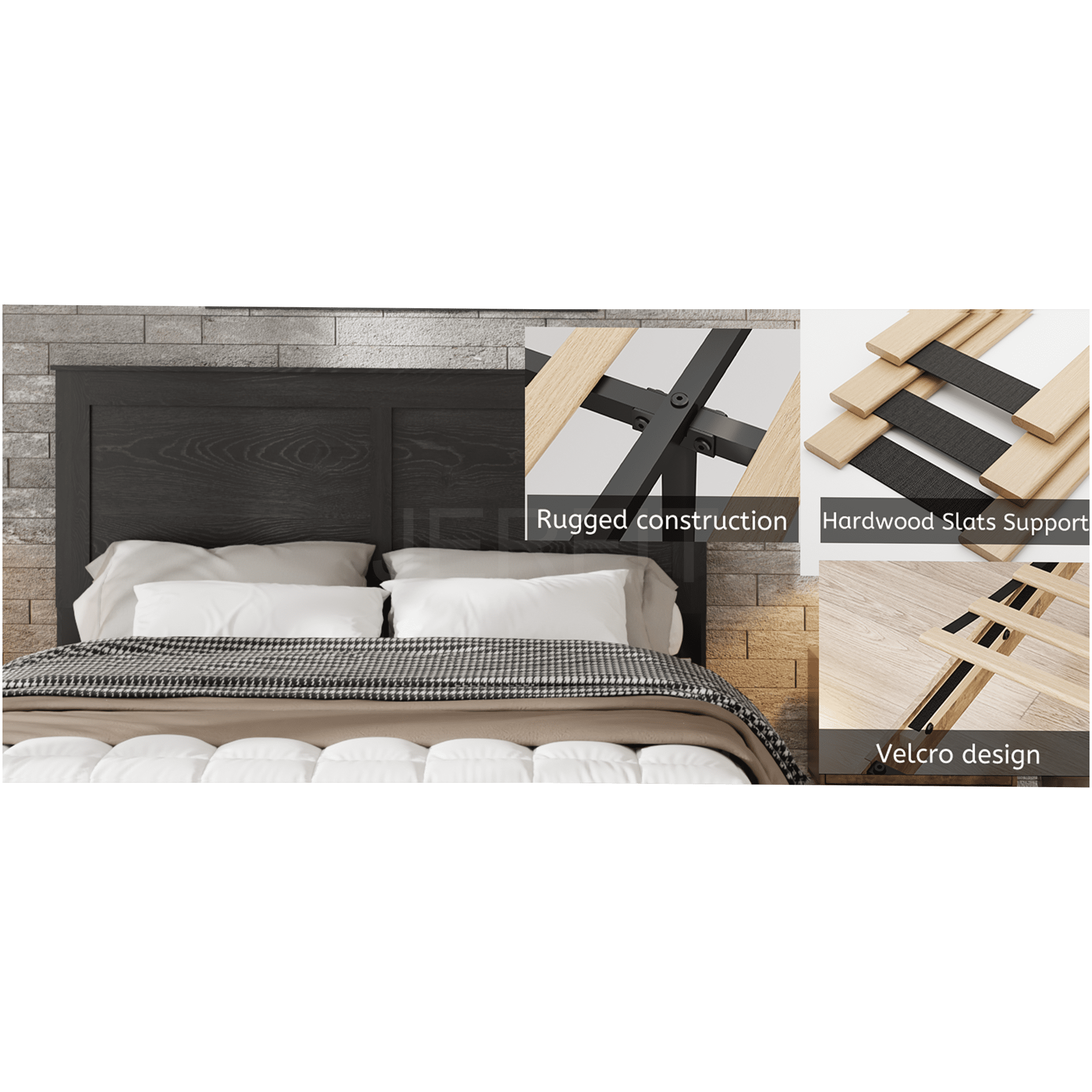 JERFIT King Size Bed Frame with Storage, Antique Black Wood Platform Bed, Noise Free Heavy Duty Metal Frame, No Box Spring Needed, Easy Assembly Tool