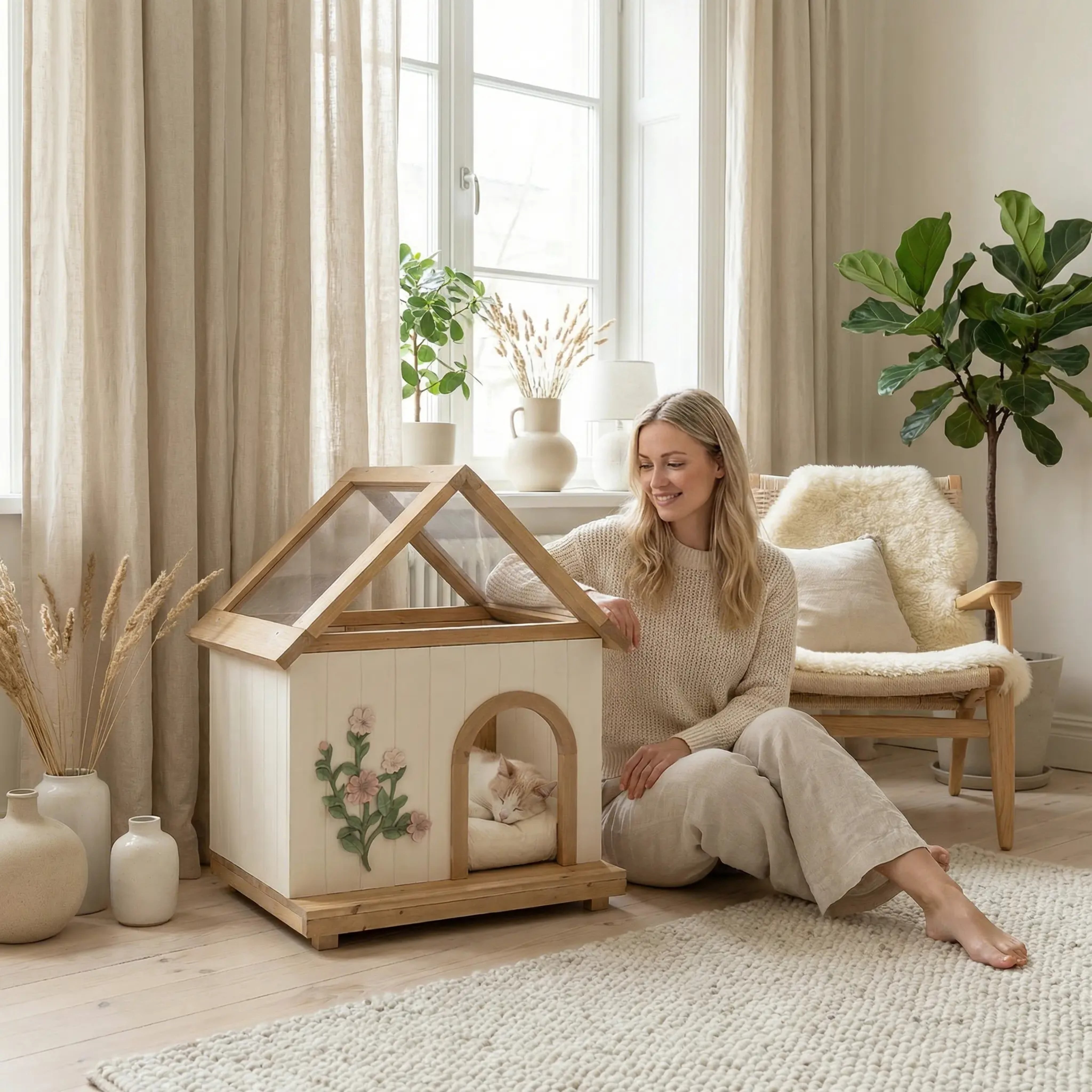 Premium Natural Cedar Pet House – Acrylic Sunroof, Floral Carved Cat Furniture, Luxury Indoor/Semi-Outdoor Dog Shelter for Small Dogs & Cats