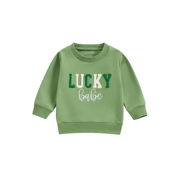 Newborn Baby Boy Girl St Patrick's Day Outfit Fuzzy Clover Embroidery Long Sleeve Sweatshirt Top Cute Spring Clothes