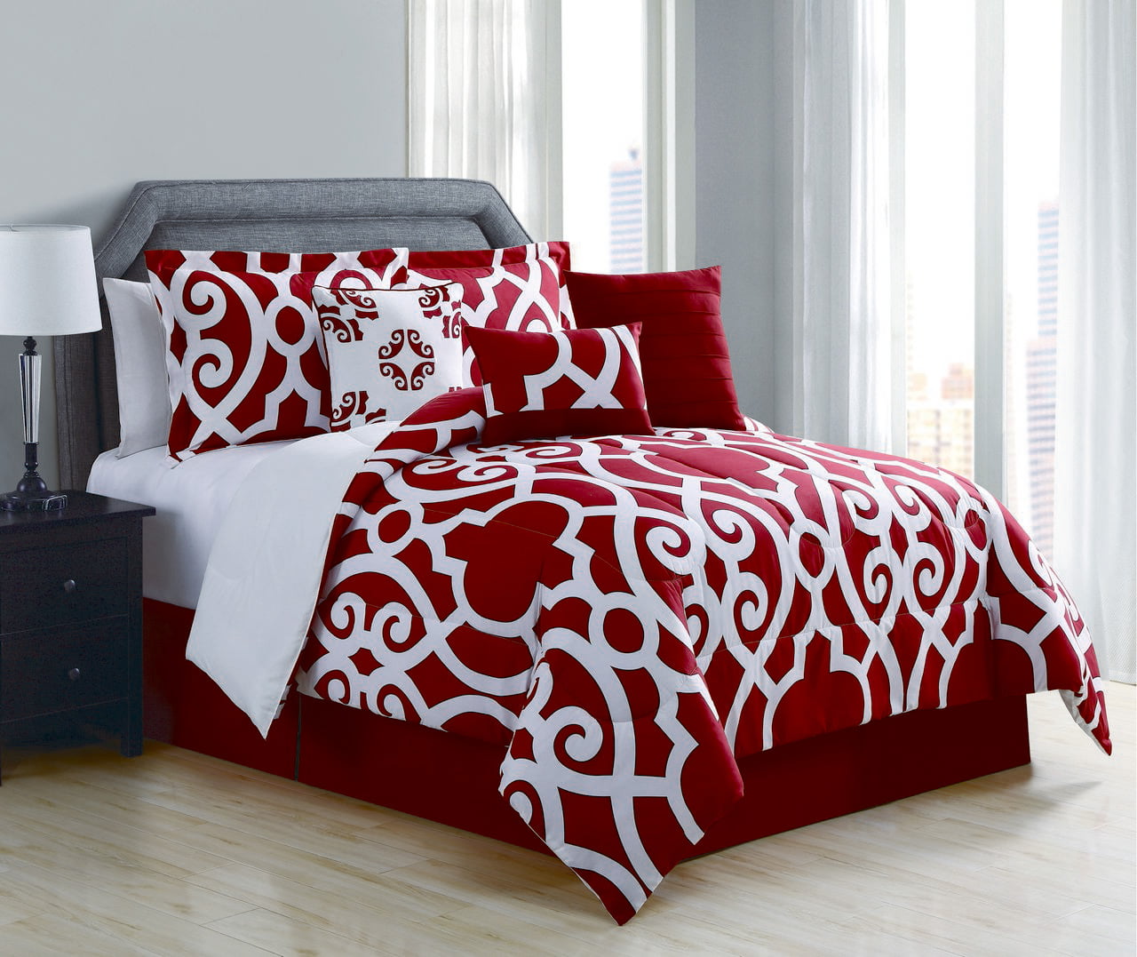 red and white comforter floral