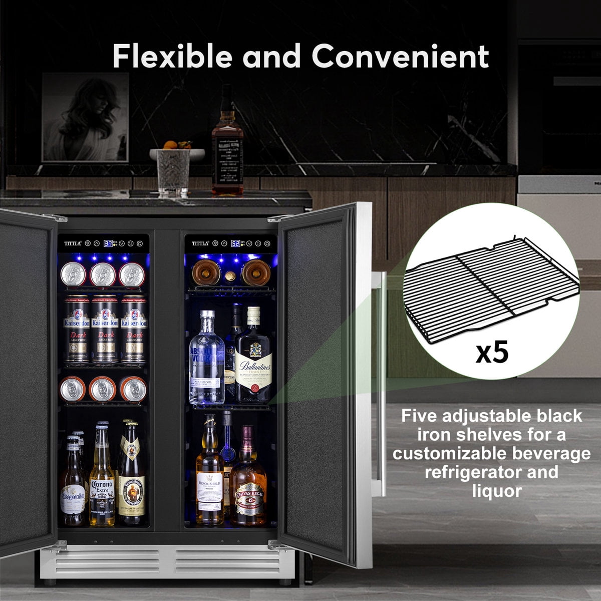 24" Silver Beverage Refrigerator with French Doors 150-Can Capacity, Built-in or Freestanding Beer and Drink Cooler