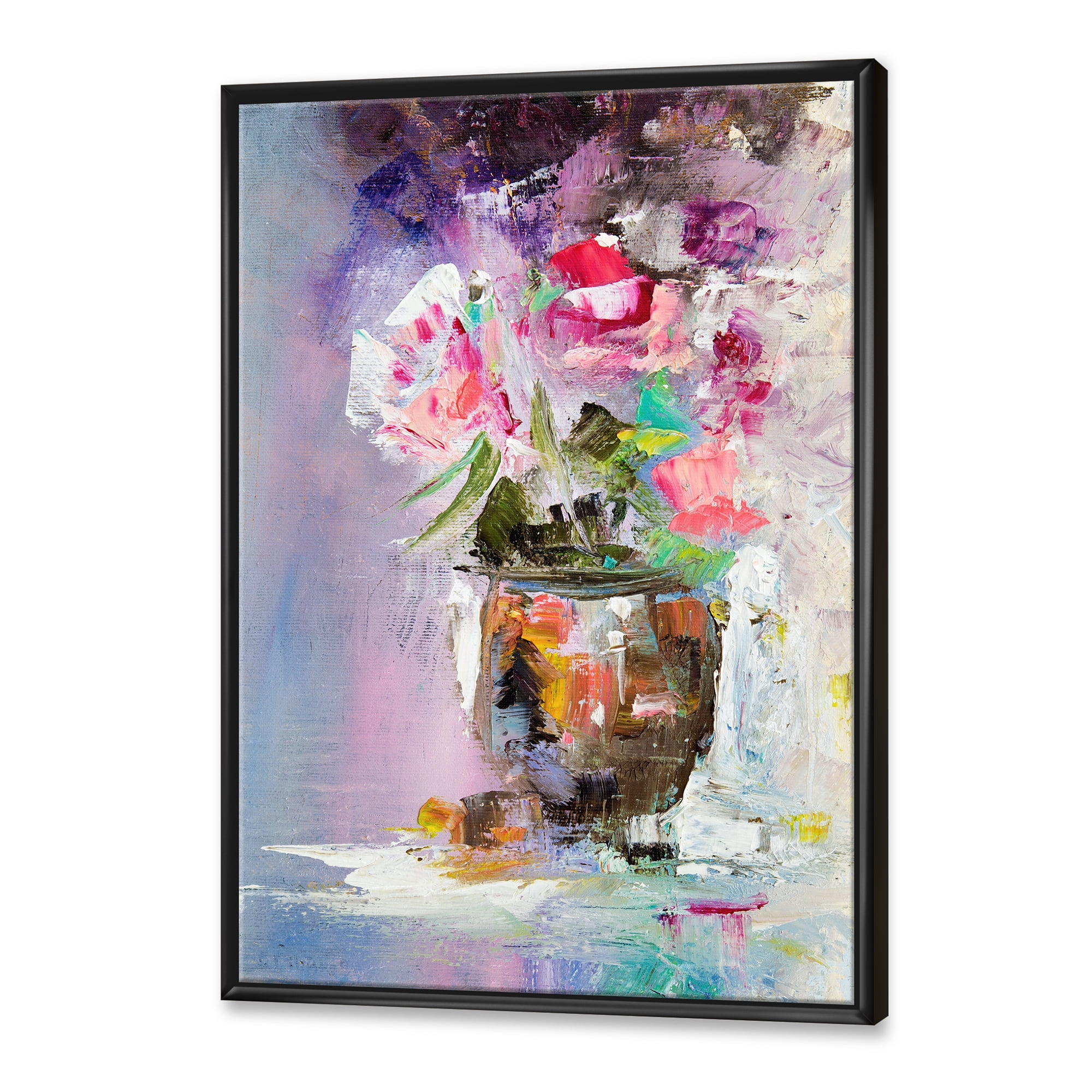Designart 'Pink Fresh Abstract Flowers Bouquet in Vase' Modern Framed Canvas Wall Art Print