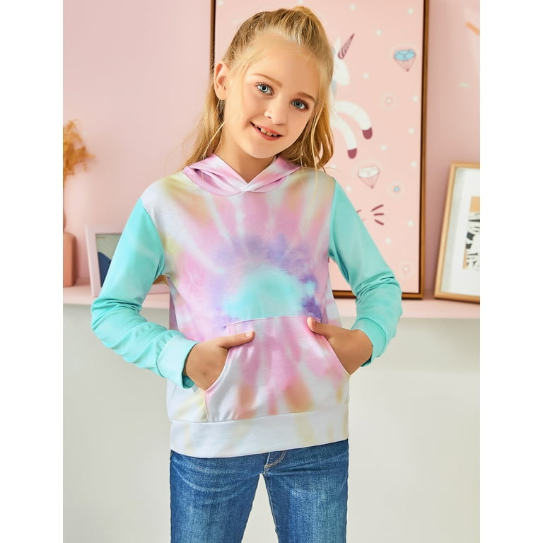 Vetinee Girls Tie Dye Hoodie Casual Long Sleeve Pullover Tops with