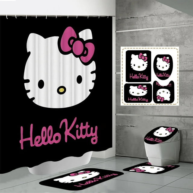 Rideau de Douche Kawaii Hello Kitty Ensemble Quatre Pièces Kit Anime Sanrio Impression Rideau de Douche Tapis Coussinet en U Imperméable Neuf LS
