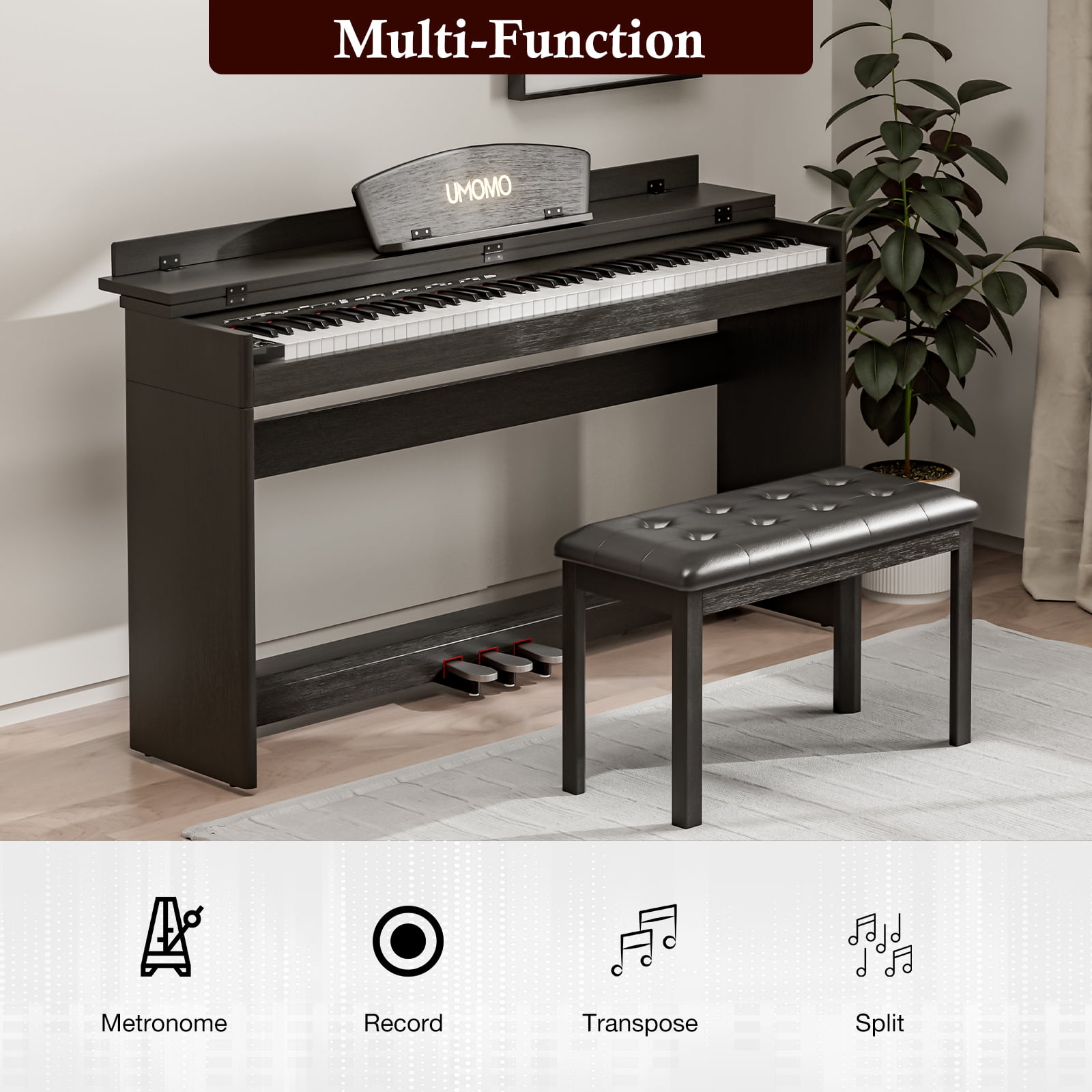 UMOMO 88 Key Digital Piano Keyboard with Piano Bench, Full Size Electric Piano with Piano Stand, Headphone Jack, 3 Pedal, Electronic Piano for Beginner, Adults, Black