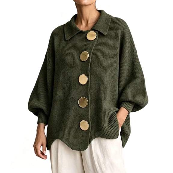 Oversized Collared Knit Cardigan Sweaters with Large Metal Buttons, for Casual Fall Winter