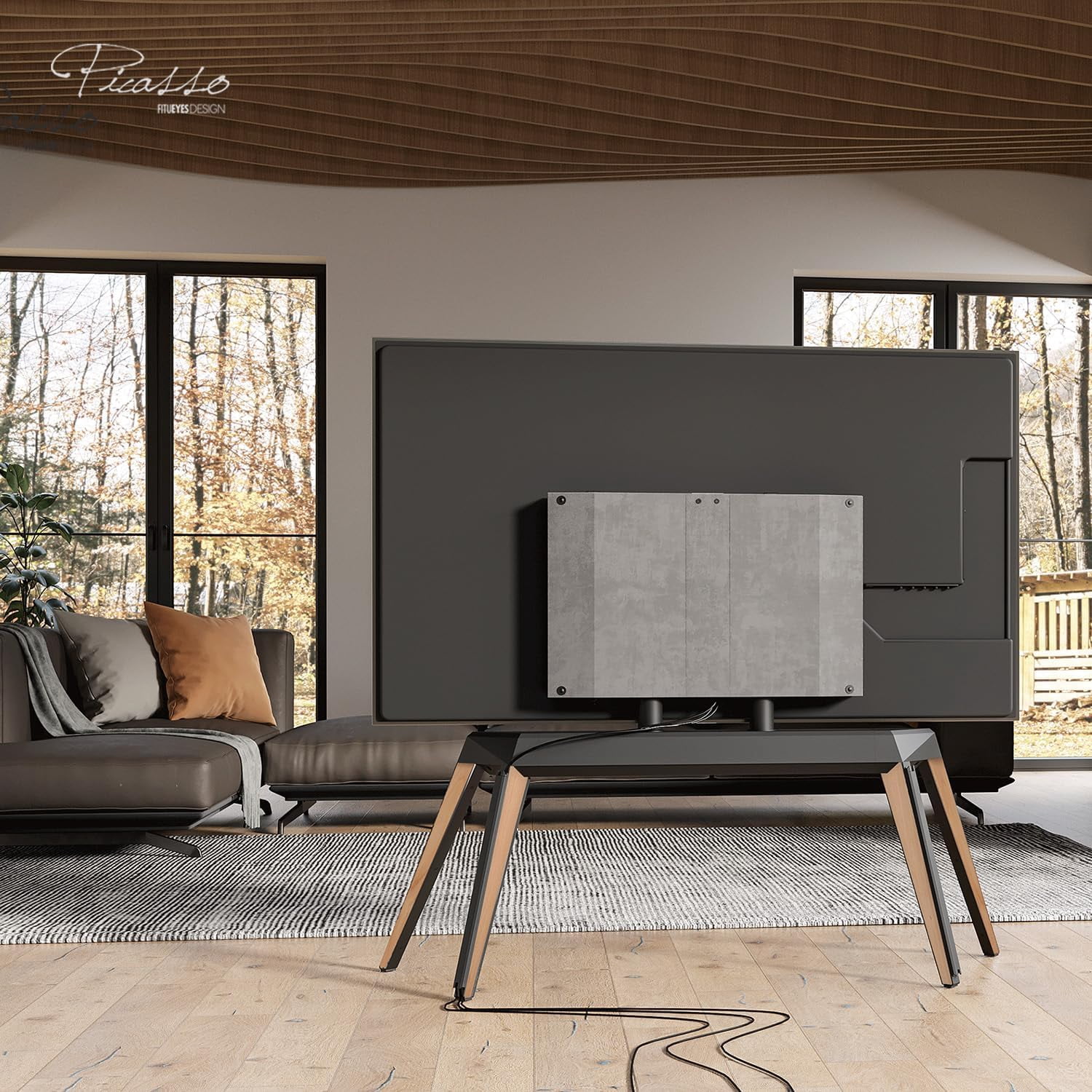 FITUEYES Picasso Series Floor TV Stand for 65–88 inch TVs, Black & Light Wood, Cable Management