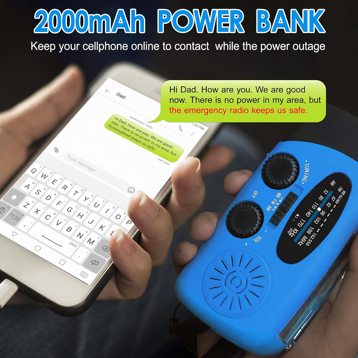 NOAA Emergency Hand Crank Radio - Solar/USB Powered with 2000mAh Power Bank & LED Flashlight, Portable Weather Radio for Camping & Disaster Preparedness