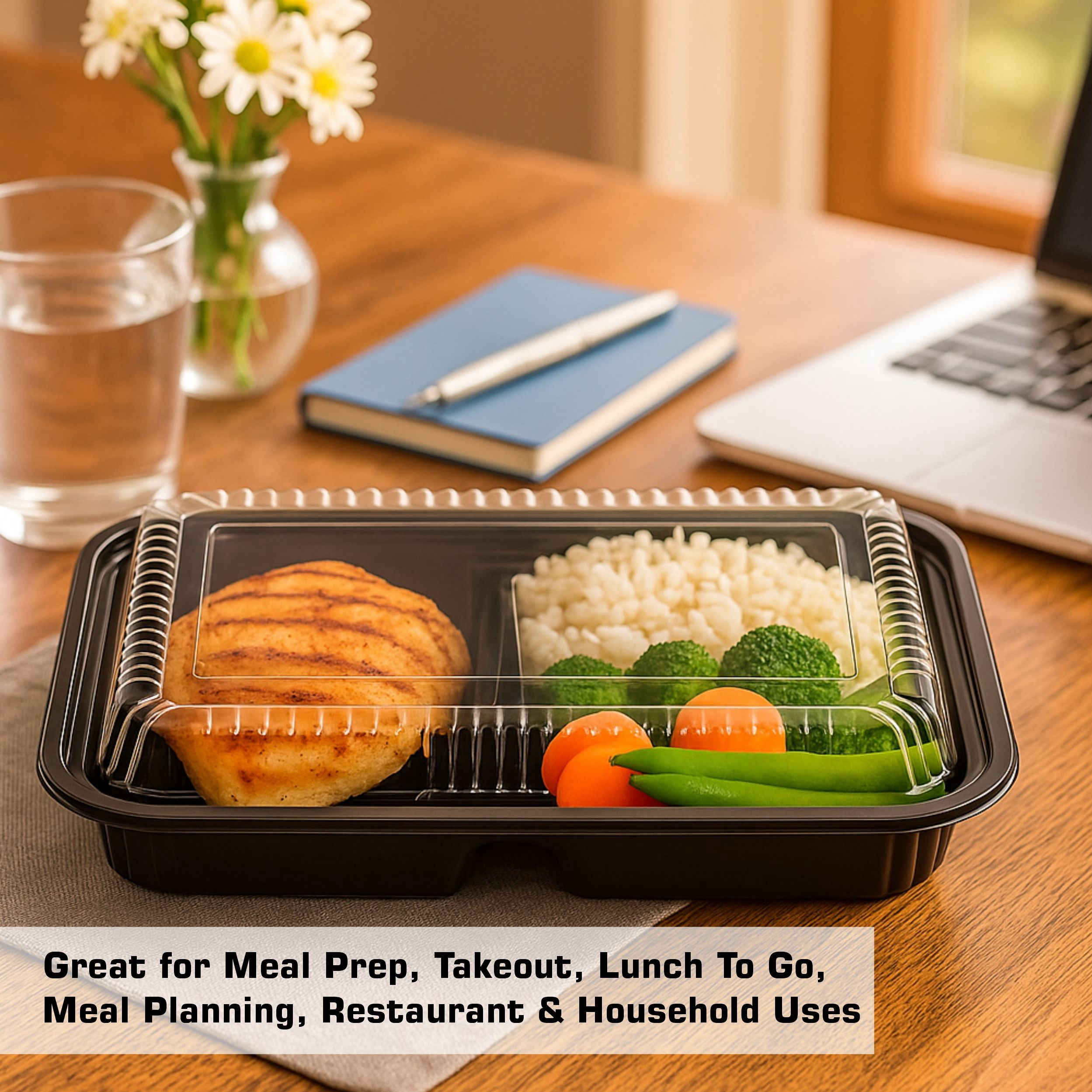 EcoQuality [45 Pack] 3 Compartment Black Disposable Container with Lids, Meal Prep Container, Food Storage Bento Box, Disposable, Stir Fry | Lunch Boxes | BPA Free