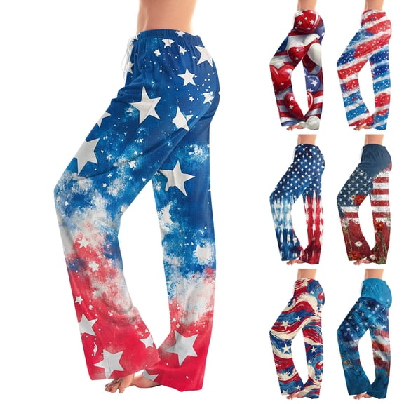 AHMOMEI 4th of July Women Pajamas Pants Drawstring Straight Leg Womens Lounge Pant Independence Day Sleepwear Pj Bottoms