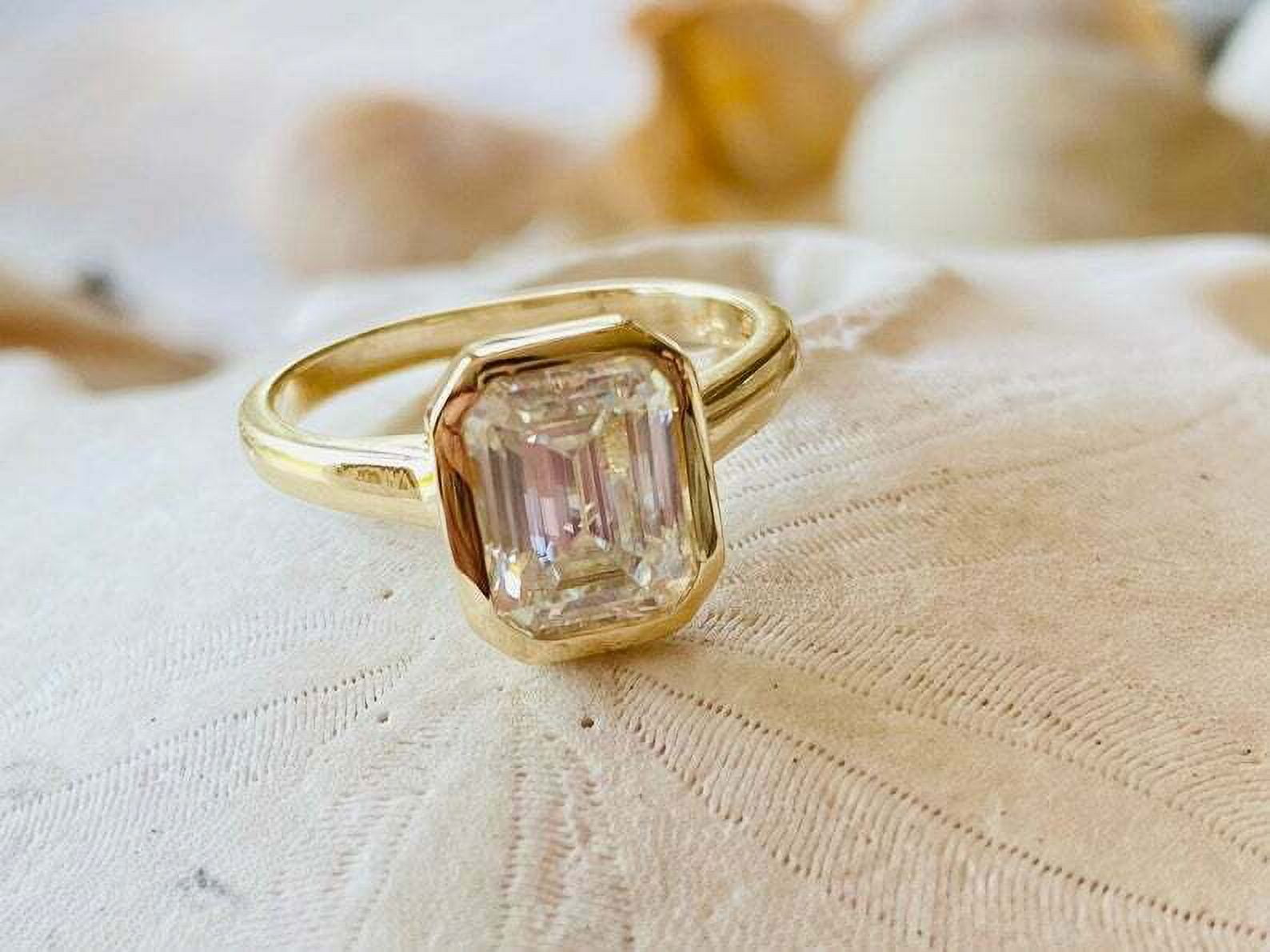 HeartsAndYou 2ct Engagement Ring for Women Emerald Cut Moissanite Bezel Set Solitaire 18k Yellow Gold over Silver