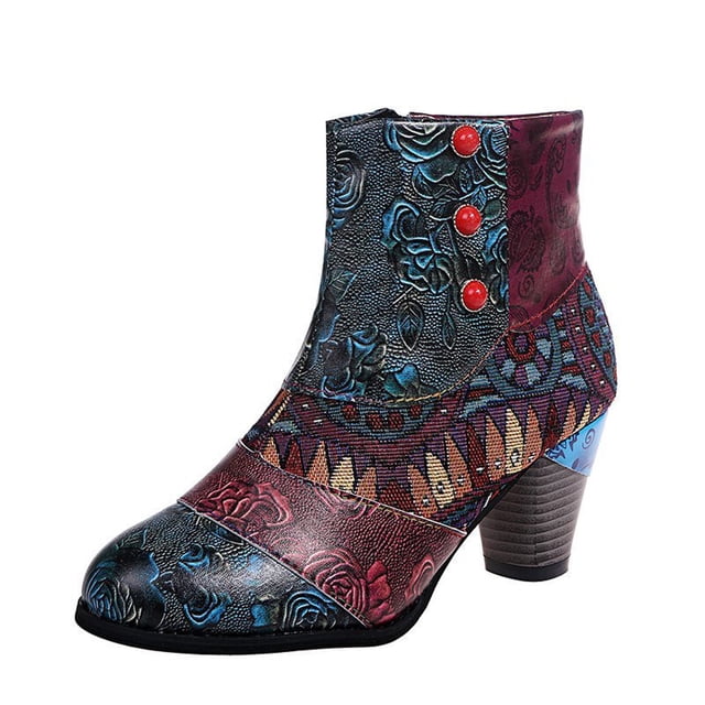 CEHVOM Chaussures pour Femmes Style National Rétro Talon Moyen Fermeture Éclair Bottes Courtes en Cuir