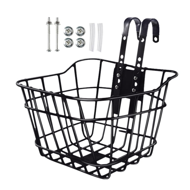 WUSUOWEI 1Set Front Bike Bucket,Small Metal Wire Front Storage Bucket with Hooks and Screws,Sturdy Structure Strengthened Frame Accessory,Detachable Carrying Panniers for Kids Bike,Cargo Rack