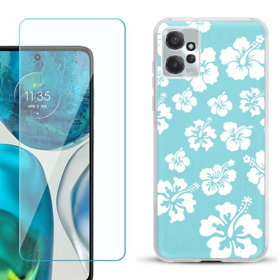 OneToughShield ® for Motorola Moto G Power 5G 2023 Shockproof Fashion Phone Case, with Tempered Glass Screen Protector - Hibiscus Teal
