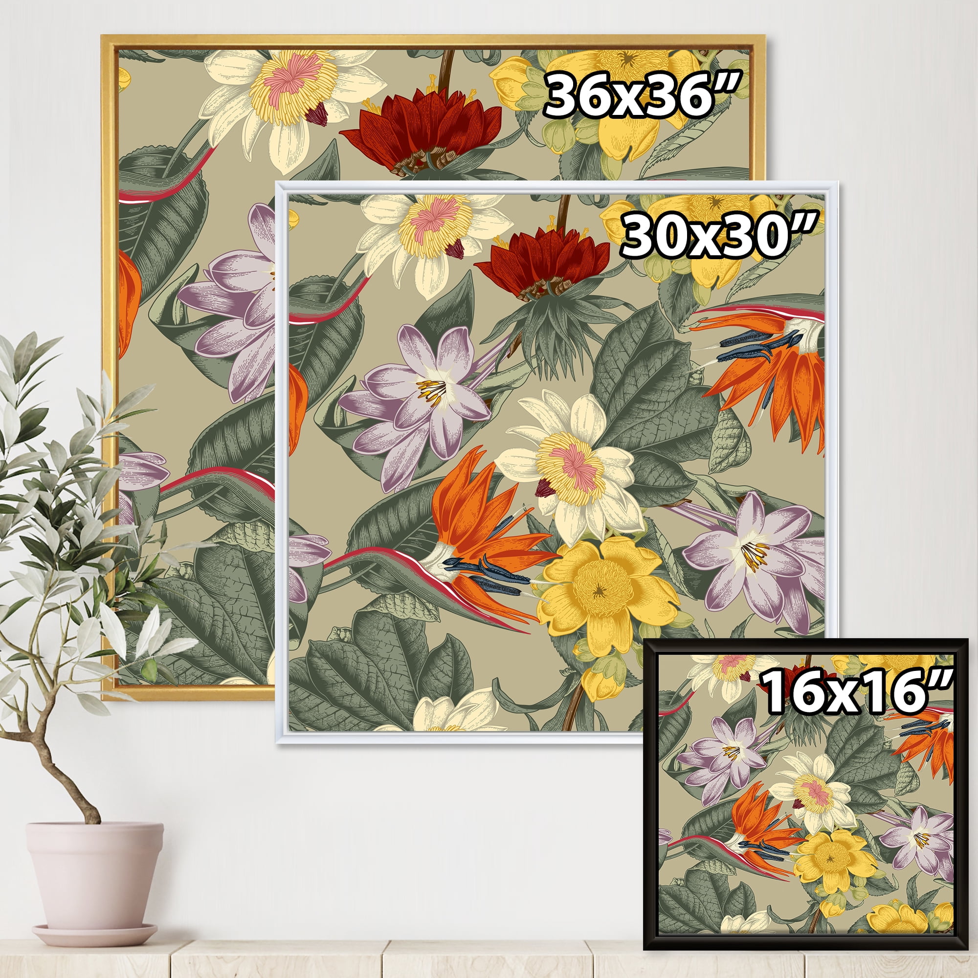 Ancient Exotic Flowers In Orange and Yellow 30 in x 30 in Framed Painting Canvas Art Print, by Designart
