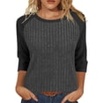 thumbnail image 2 of Yuyuzo Hauts pour Femmes à Manches 3/4 Col Rond Blouses Décontractées Amples Automne à Blocs de Couleur Tricot Côtelé Ample Hauts Doux, 2 of 6