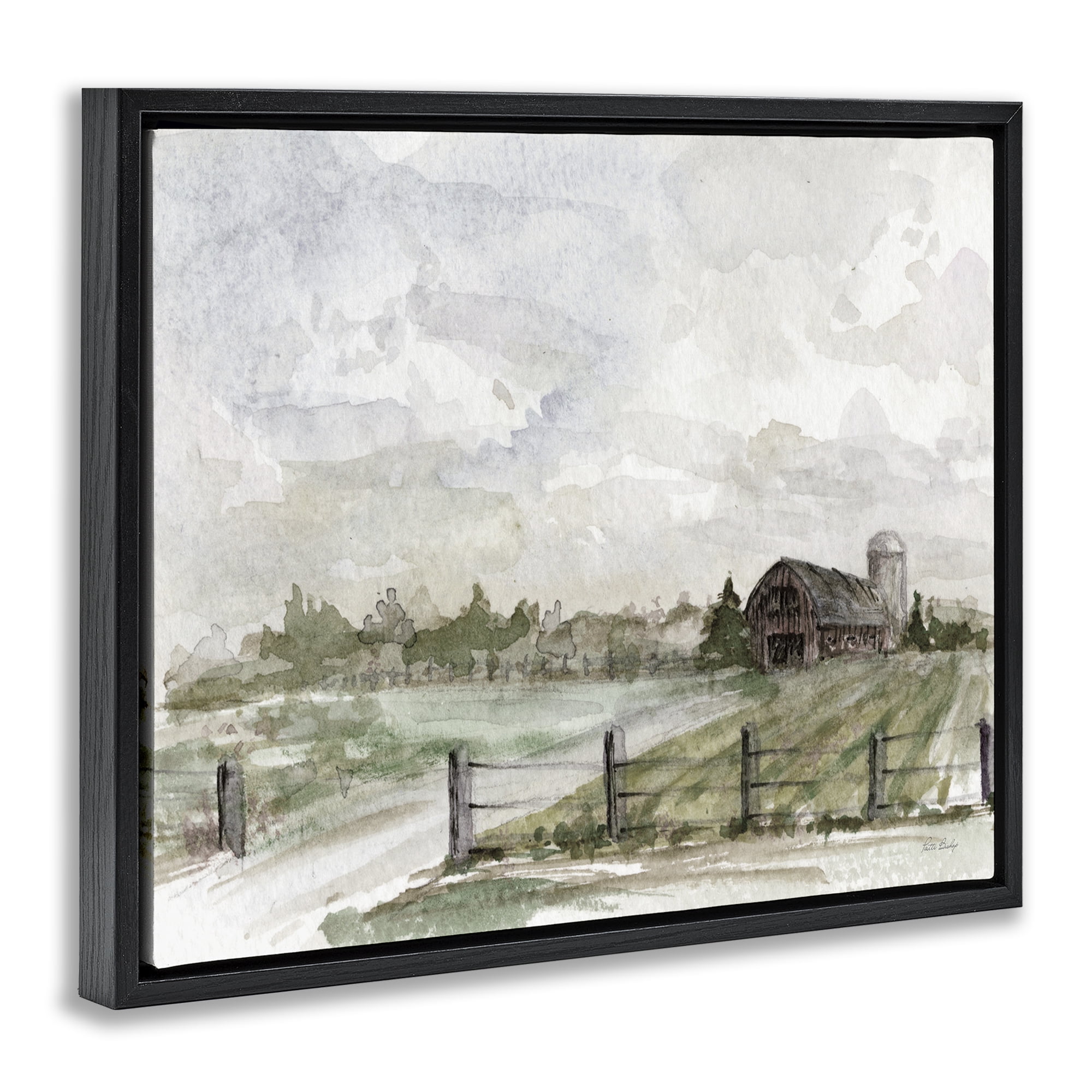 Stupell Industries Rustic Barn & Fence Landscape Painting Black Floater Framed Canvas Art Print Wall Art, 31 x 25