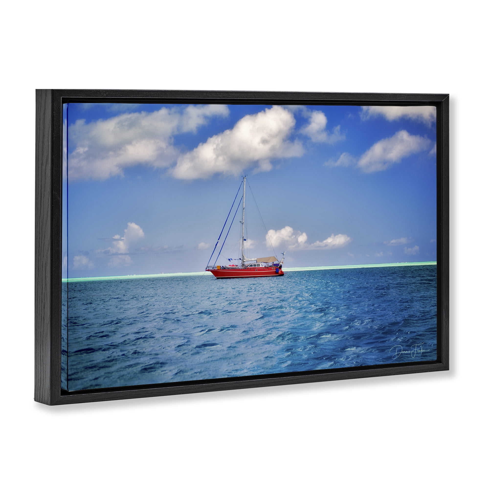 Stupell Industries Ship & Cloudy Sea Nautical & Beach Photography Black Floater Framed Canvas Art Print Wall Art, 25 x 17