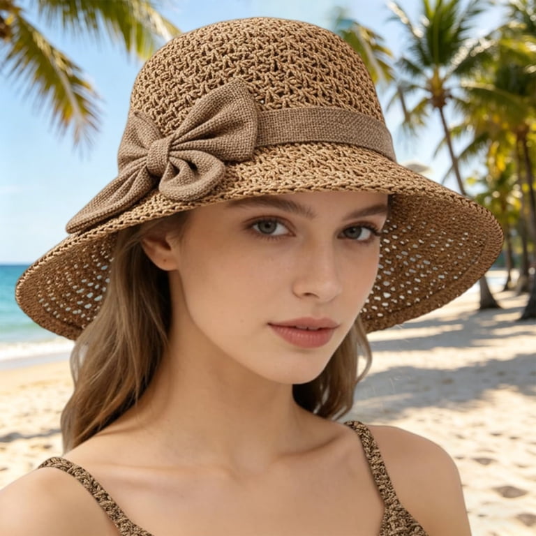 Elegant Woven Straw Sun Hat, Packable Wide Brim with Bow, Summer Beach Bucket Elegant Woven Straw Sun Hat with Bow Summer Beach Sun Straw  main image 3