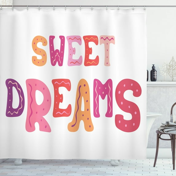 Sleep Shower Curtain, Hand Drawn Composition with Colorful Letters Dreams Typography Illustration, Fabric Bathroom Set with Hooks, 69W X 84L Inches Extra Long, Multicolor, by Ambesonne