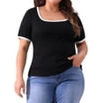 thumbnail image 1 of Camiseta de mujer de talla grande, cuello cuadrado, de manga corta, camiseta de punto acanalado, bloque de color, ajuste ceñido, básica, talla 4X, negra, 1 of 5
