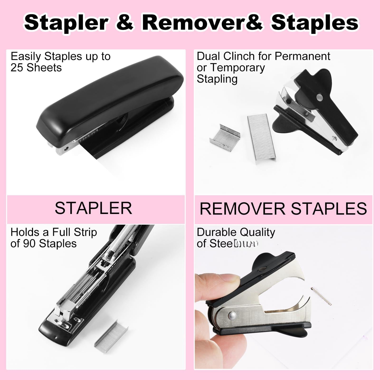 Black Desk Organizers And Accessories Set With 360-degree Rotating Pen Holder  Tape Dispenser Stapler Staple Remover 1000 Staples Clips Ruler Scissor